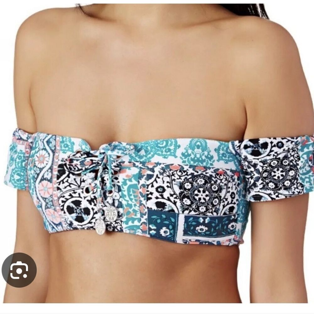 Seafolly Off Shoulder Lace Up Silk Market Bahama Blue Bikini Top Size 8